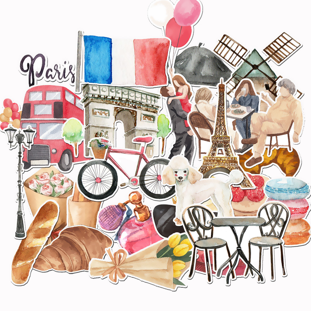 Travel Notebook Journal - 25PCS France Travel Stickers Set Watercolor