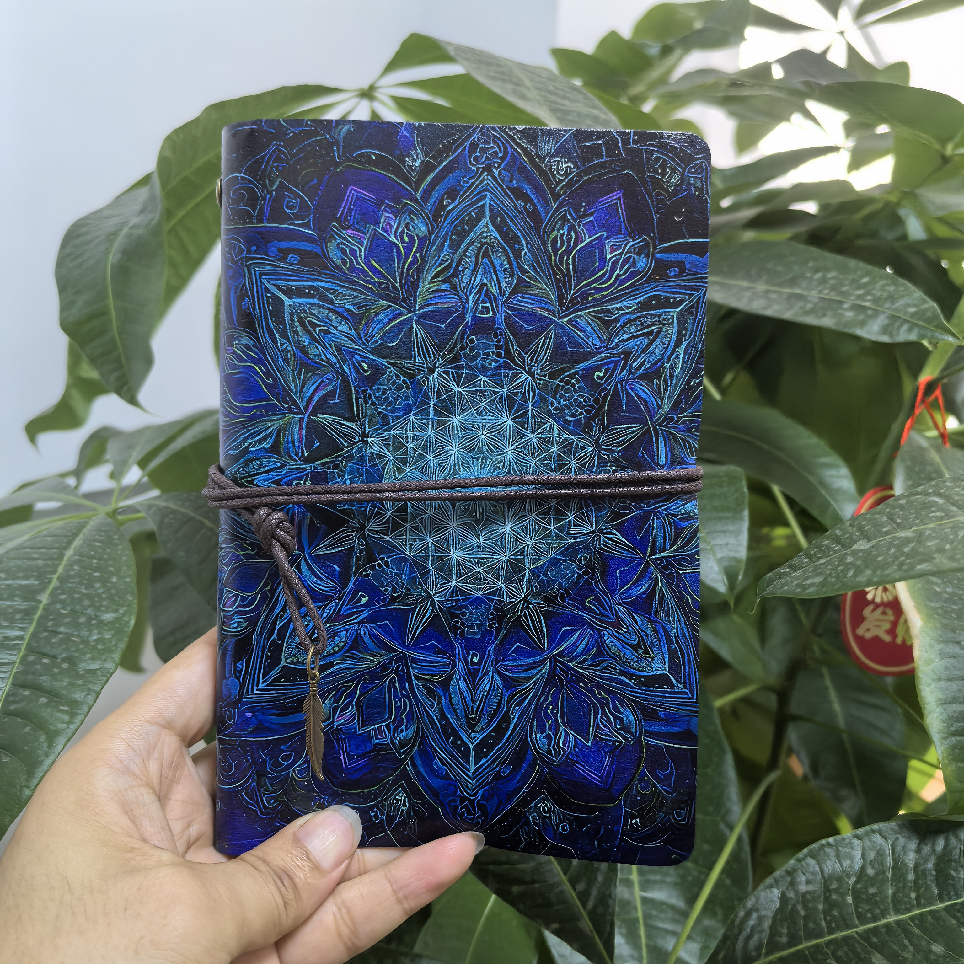 Travel Notebook Journal - Mystical Blue Mandala Sacred Geometry Leather