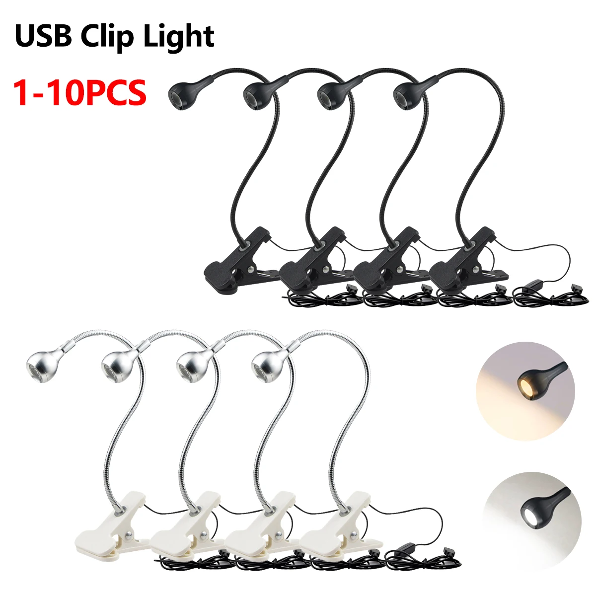 1-10Pcs Clip-On Light USB Powe - Book Light Flexible incelemesi ve fiyatı